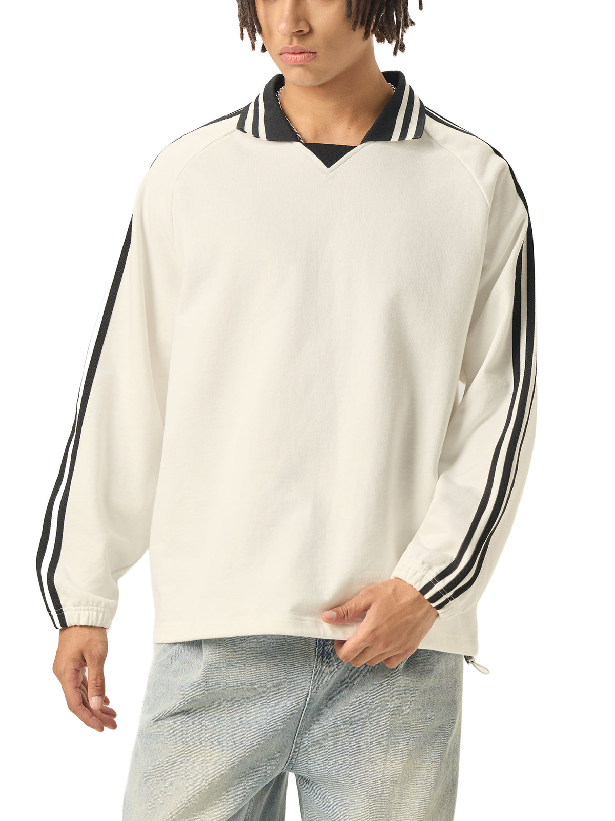 SAV Blank Contrast Striped Lapel Collar Sweatshirt